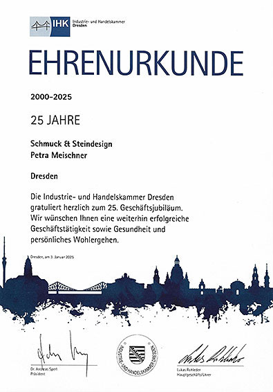 IHK Ehrenurkunde für Schmuck & Steindesign in Dresden